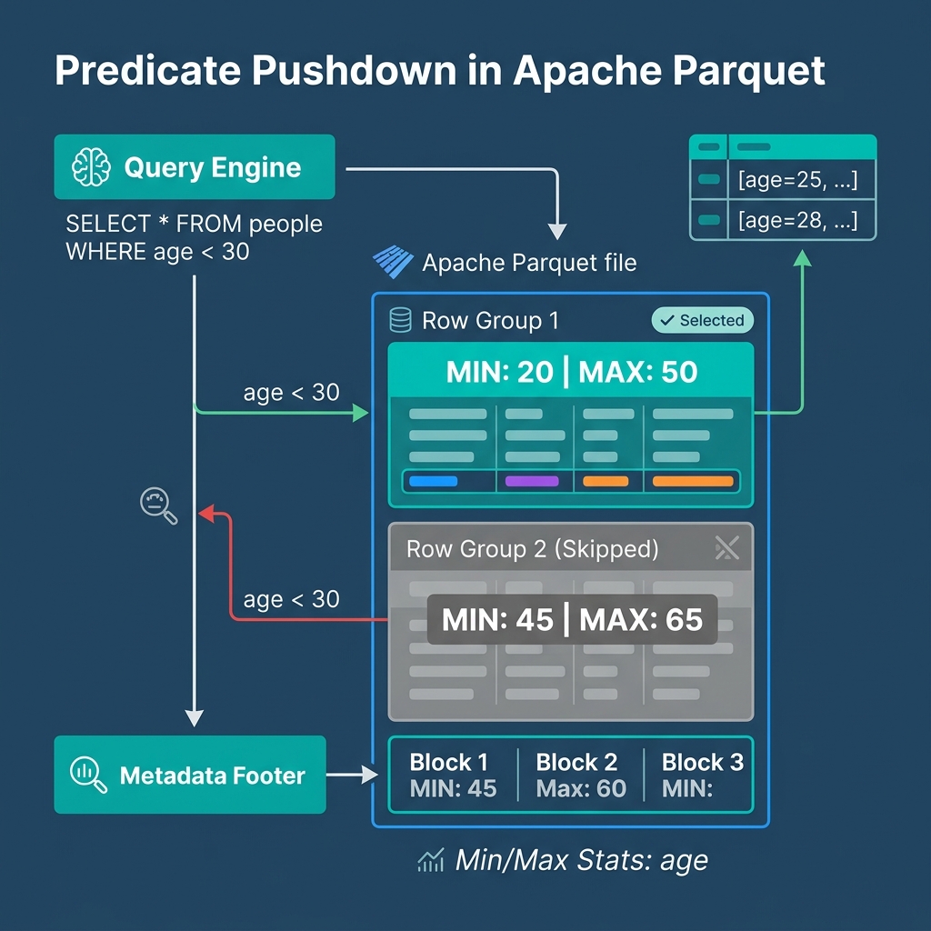 Diagram of Predicate Pushdown showing the engine skipping a row group based on min/max stats