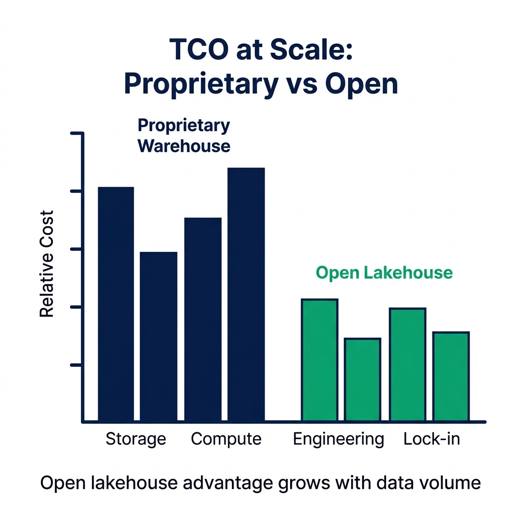Open lakehouse vs proprietary warehouse TCO comparison