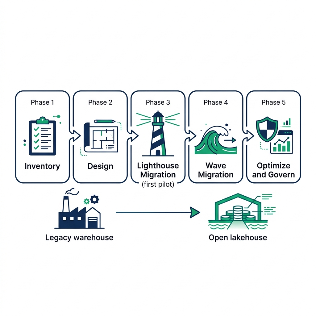 Data warehouse to open lakehouse migration phases